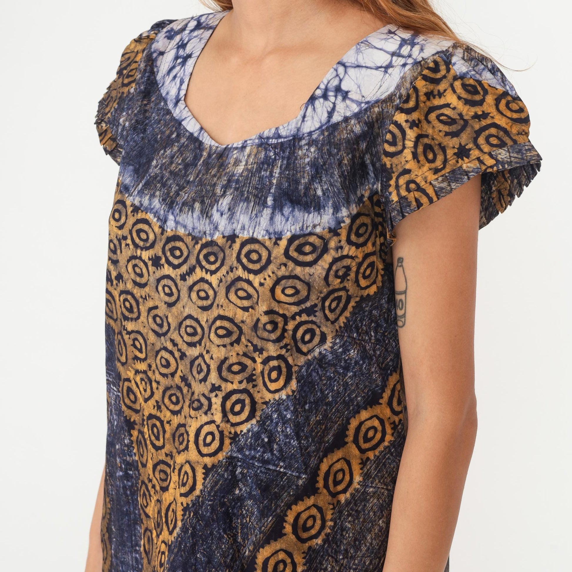 Y2K Tie Dye Blue White Maxi Dress Gold Circular Print Cap Sleeve Medium M