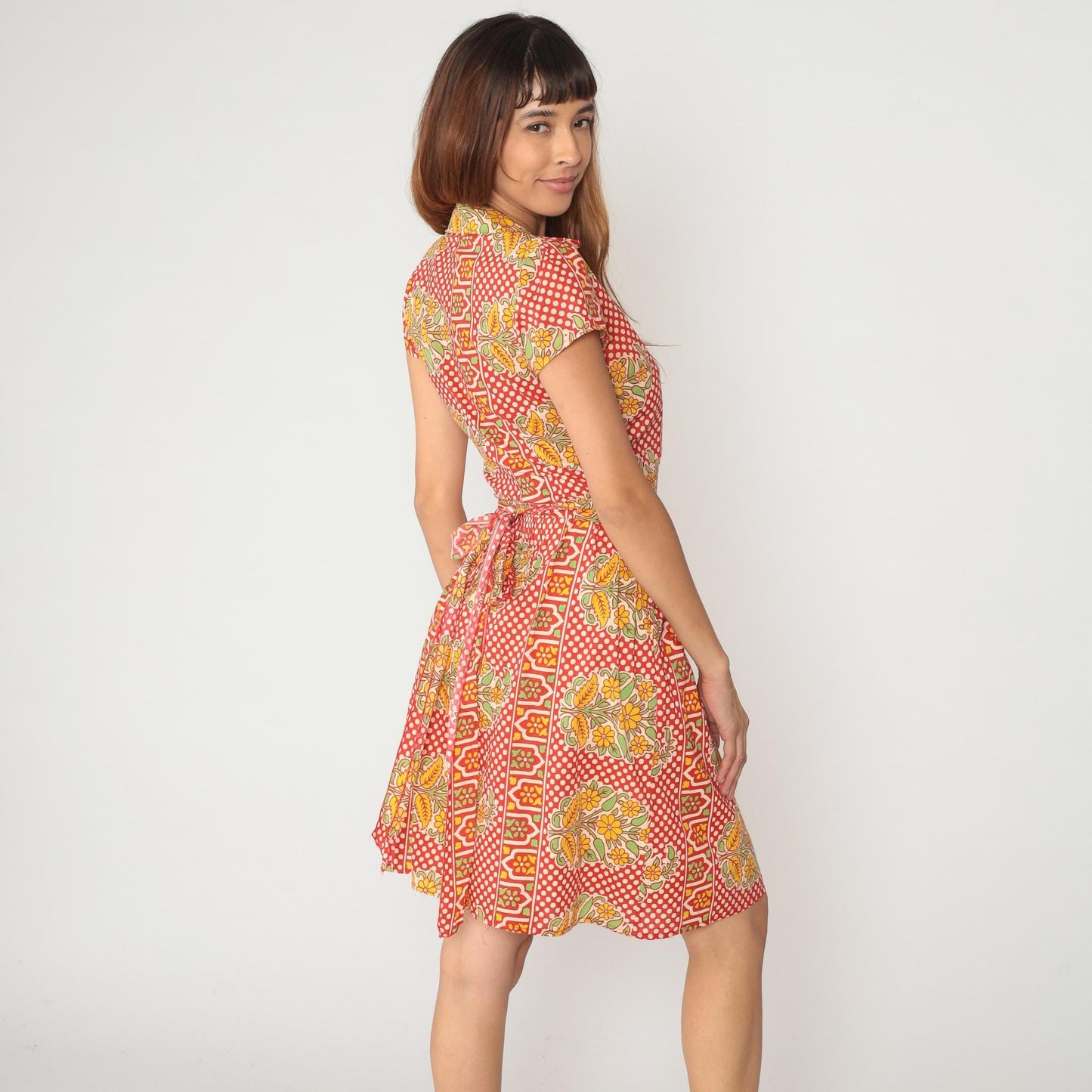 90s Wrap Dress Coral Red Polka Dot Floral Print Cotton V-Neck Medium M