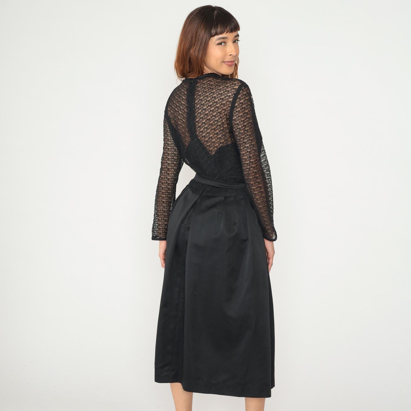 60s Herman Marcus Black Lace V-Neck Dress Tie Belt Midi Medium M