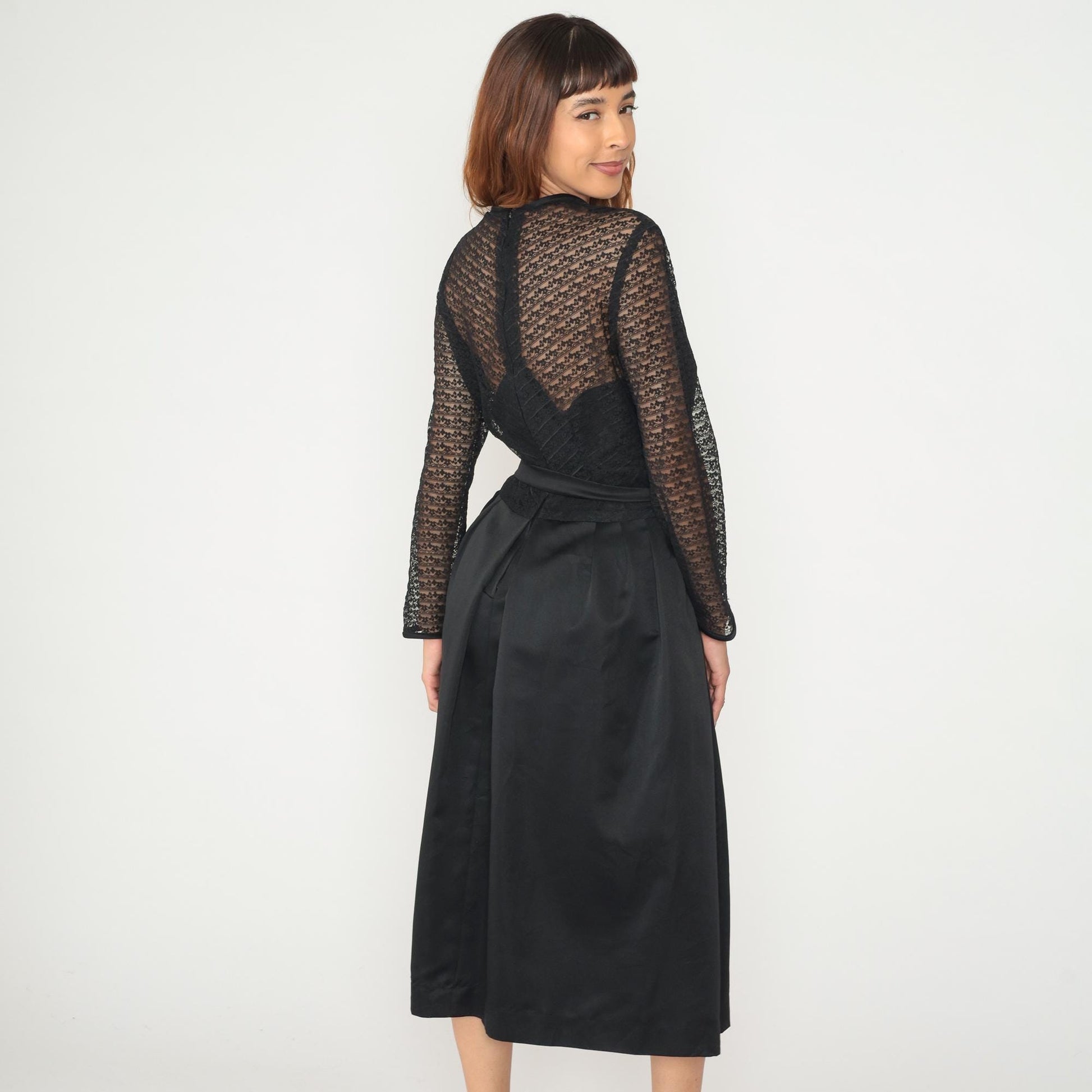 60s Herman Marcus Black Lace V-Neck Dress Tie Belt Midi Medium M