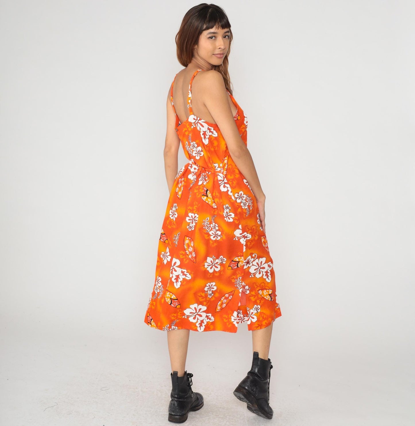 Y2K Orange Hawaiian Hibiscus Maxi Dress Spaghetti Strap Slip Large L