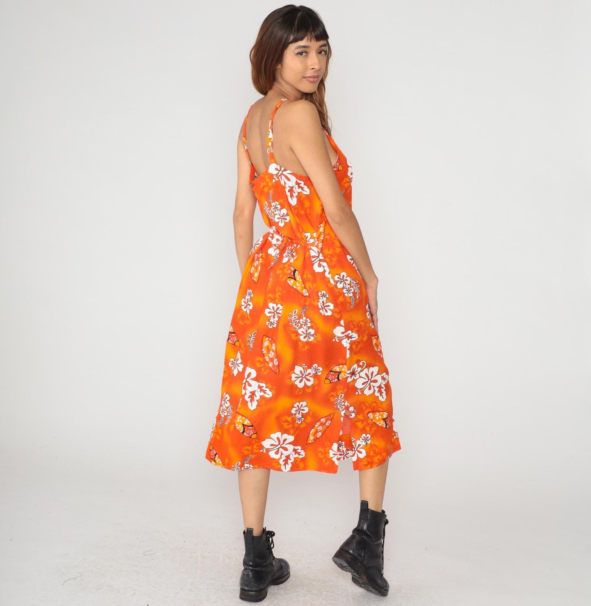 Y2K Orange Hawaiian Hibiscus Maxi Dress Spaghetti Strap Slip Large L