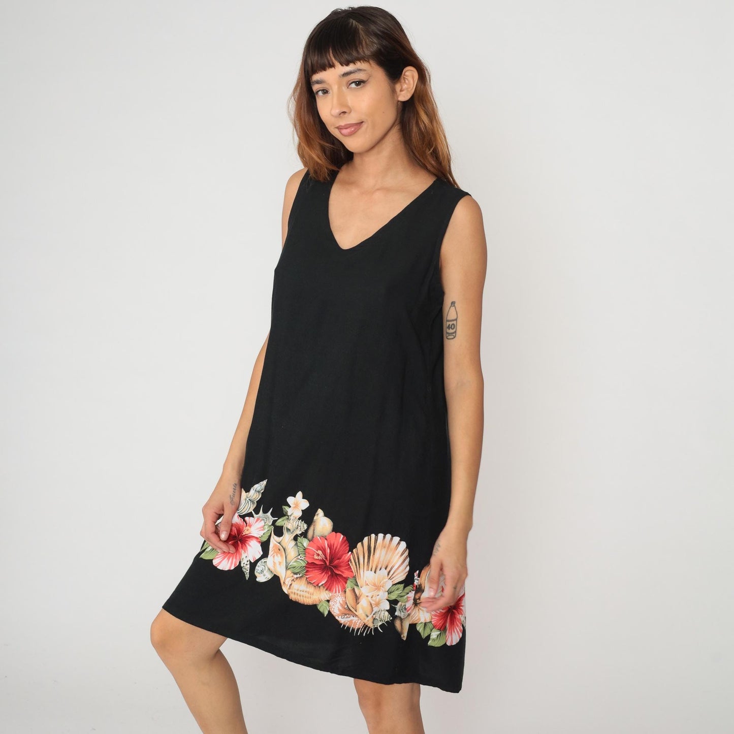 Y2K Black Hibiscus Floral Rayon Shift Dress Knee Length Large L