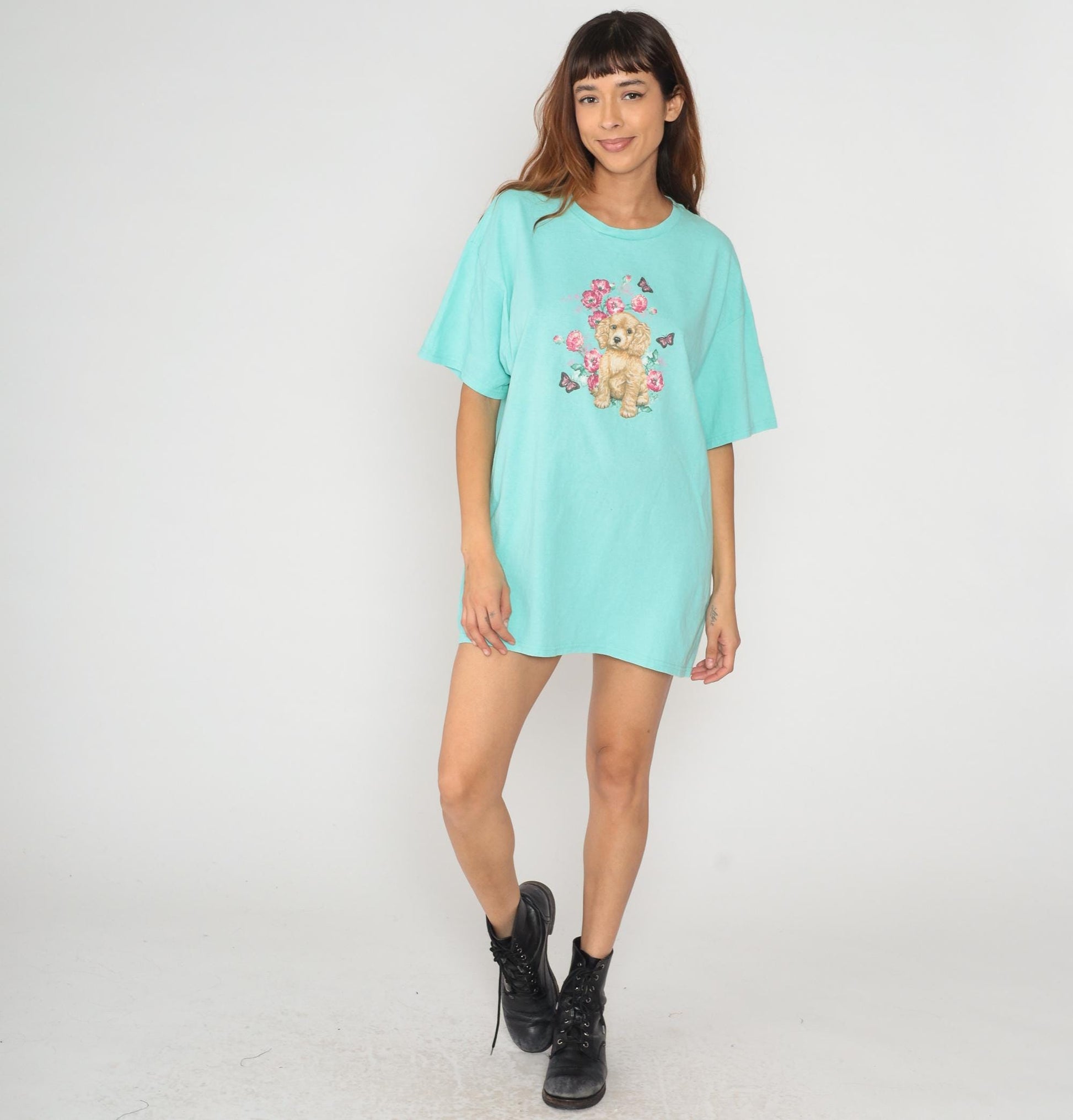 90s Cocker Spaniel Puppy Graphic Tee Turquoise Floral Butterfly Cotton Extra Large XL