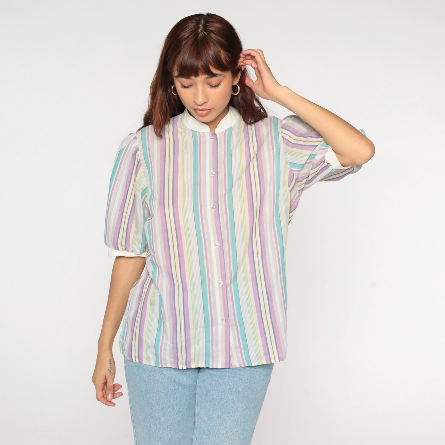 80s Koret Pastel Striped Blouse Peter Pan Collar Puff Sleeve Small