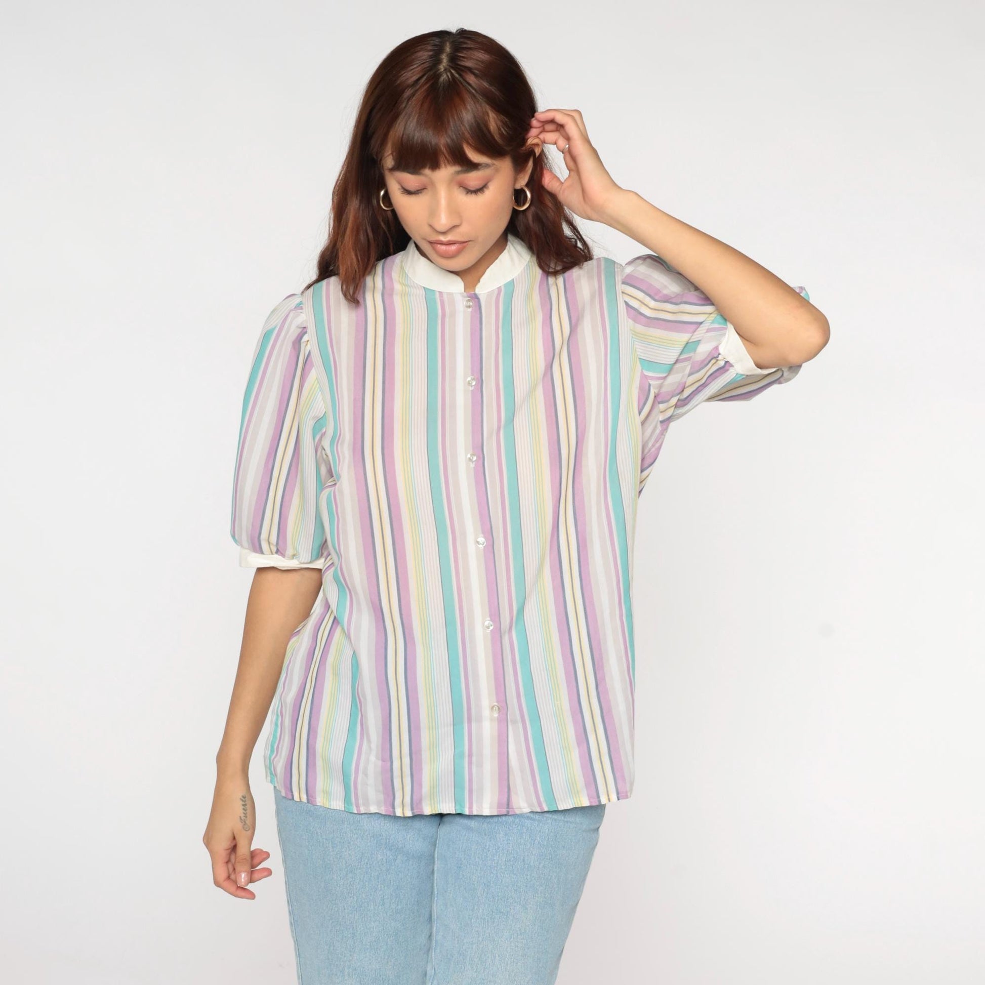 80s Koret Pastel Striped Blouse Peter Pan Collar Puff Sleeve Small