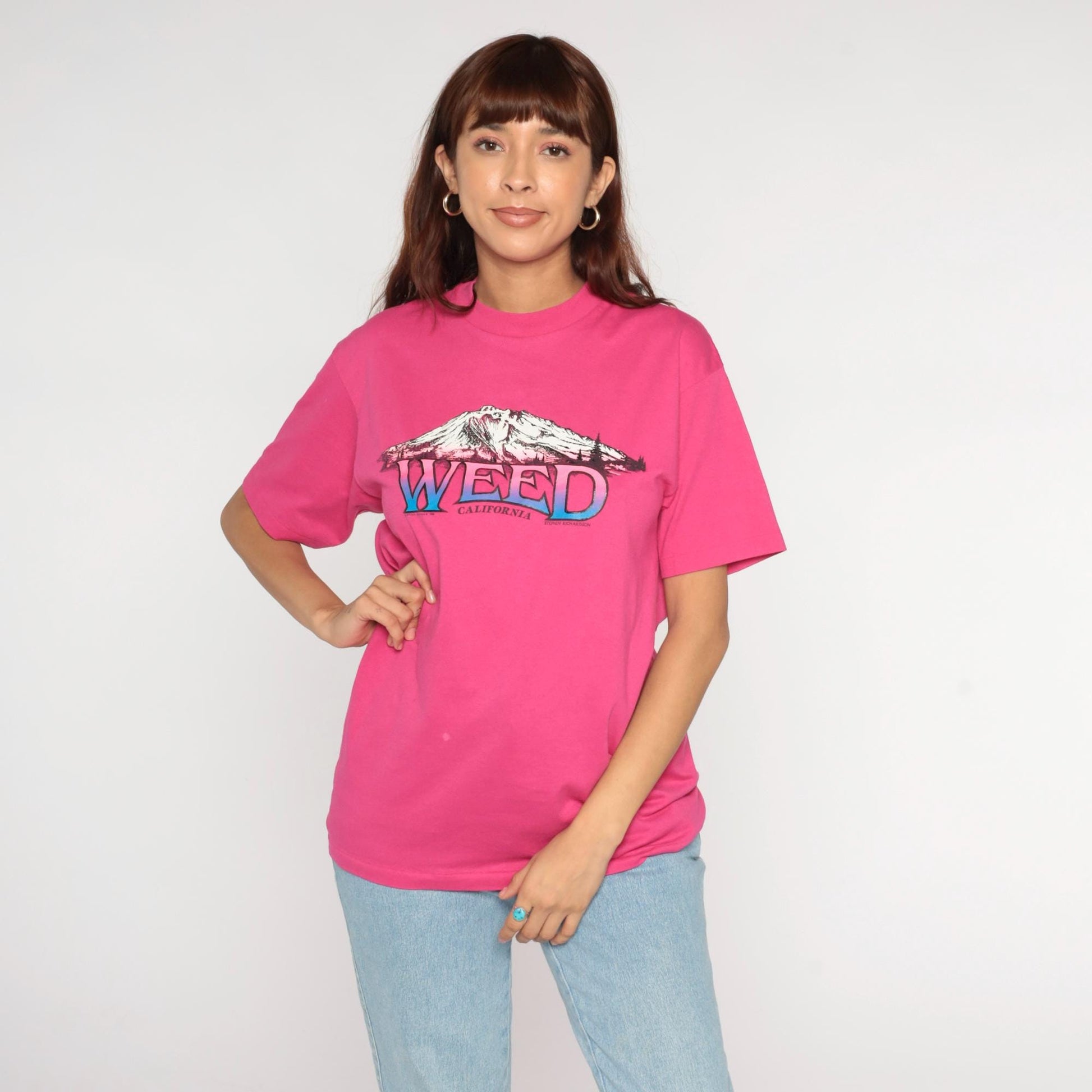 80s Weed California Mountain Graphic T-Shirt Hot Pink Hanes Large L
