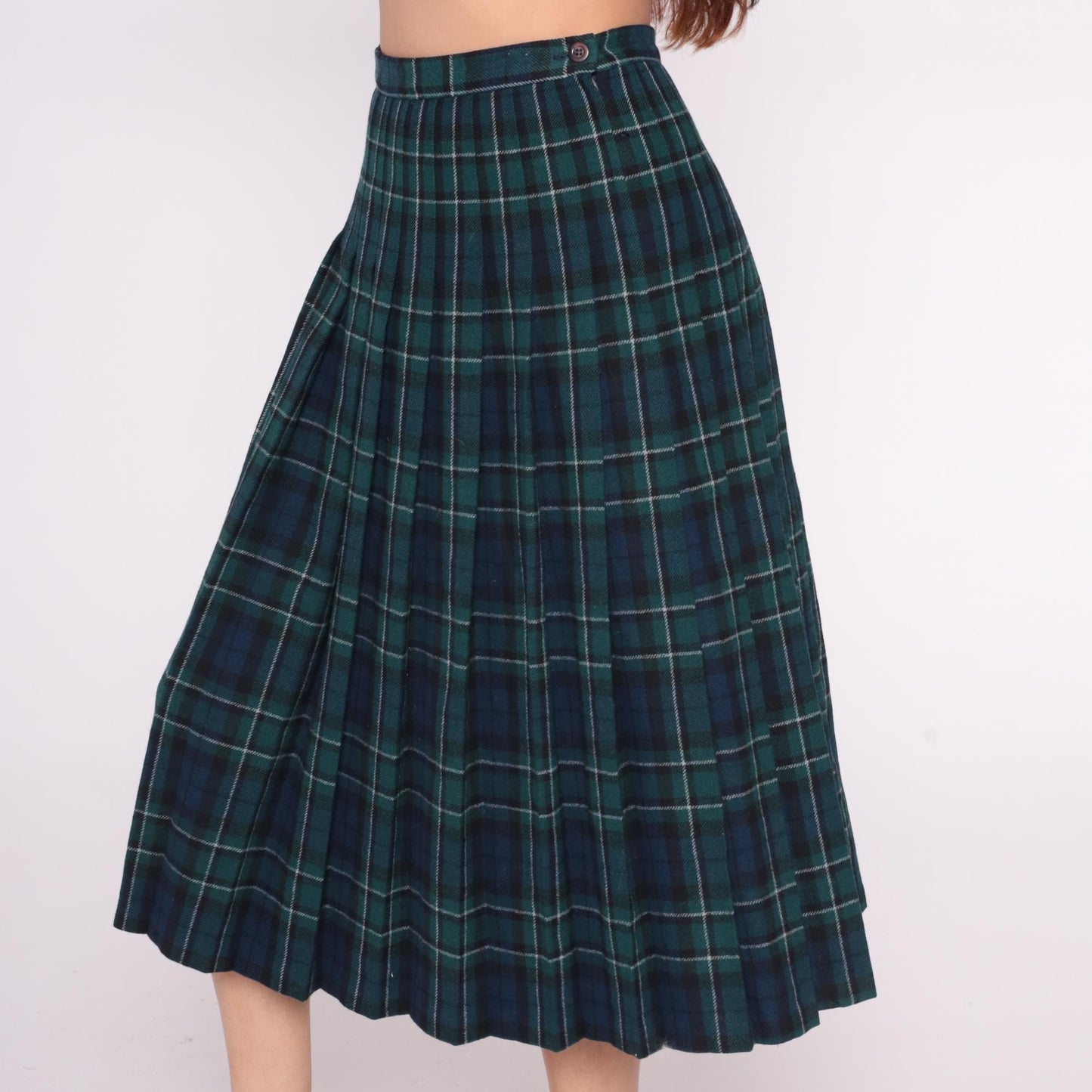 Pendleton Plaid Wool Skirt 80s Green Navy Tartan Pleated High Waist Small