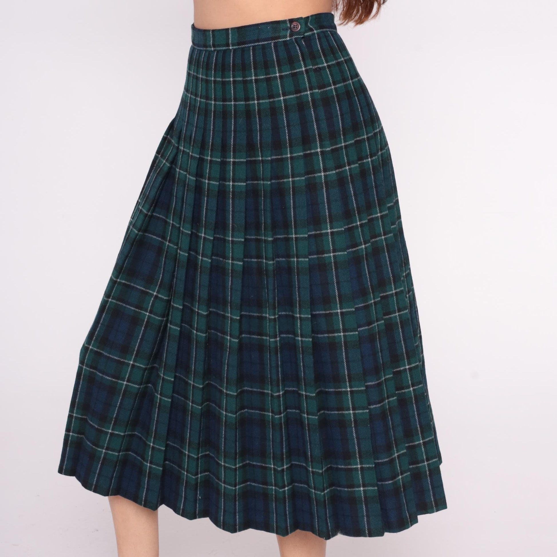 Pendleton Plaid Wool Skirt 80s Green Navy Tartan Pleated High Waist Small