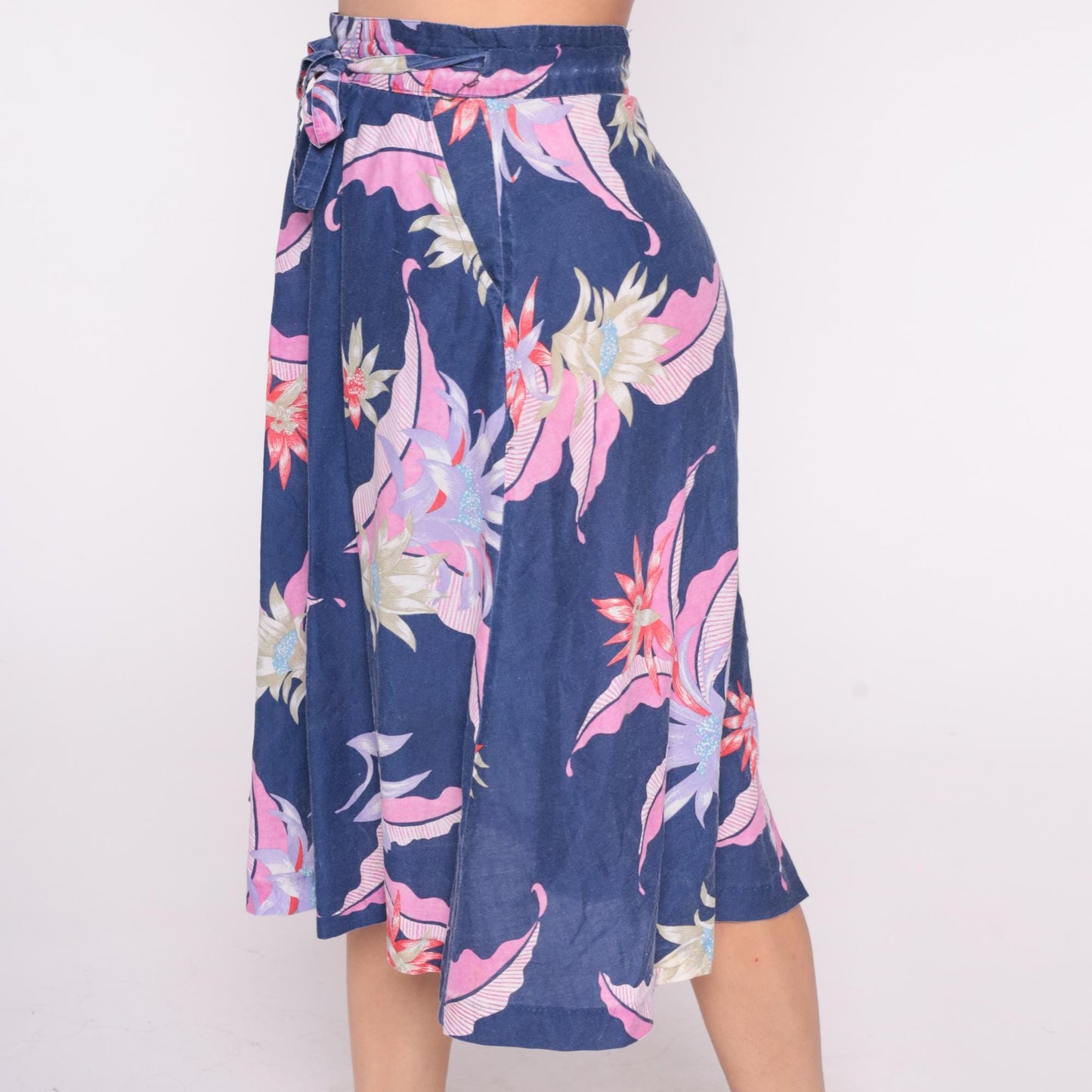 80s Sixpence Floral Wrap Skirt Navy Pink Purple Knee Length Small
