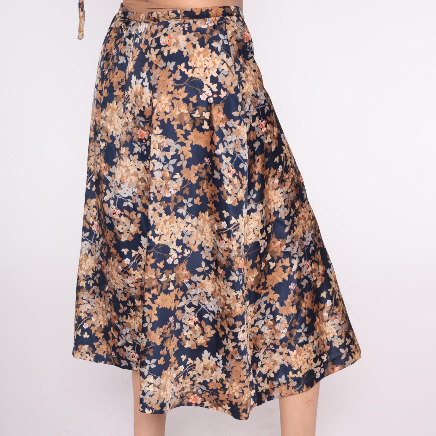 80s Navy Floral Midi Skirt Tie Waist A-Line Peach Tan Brown Large L