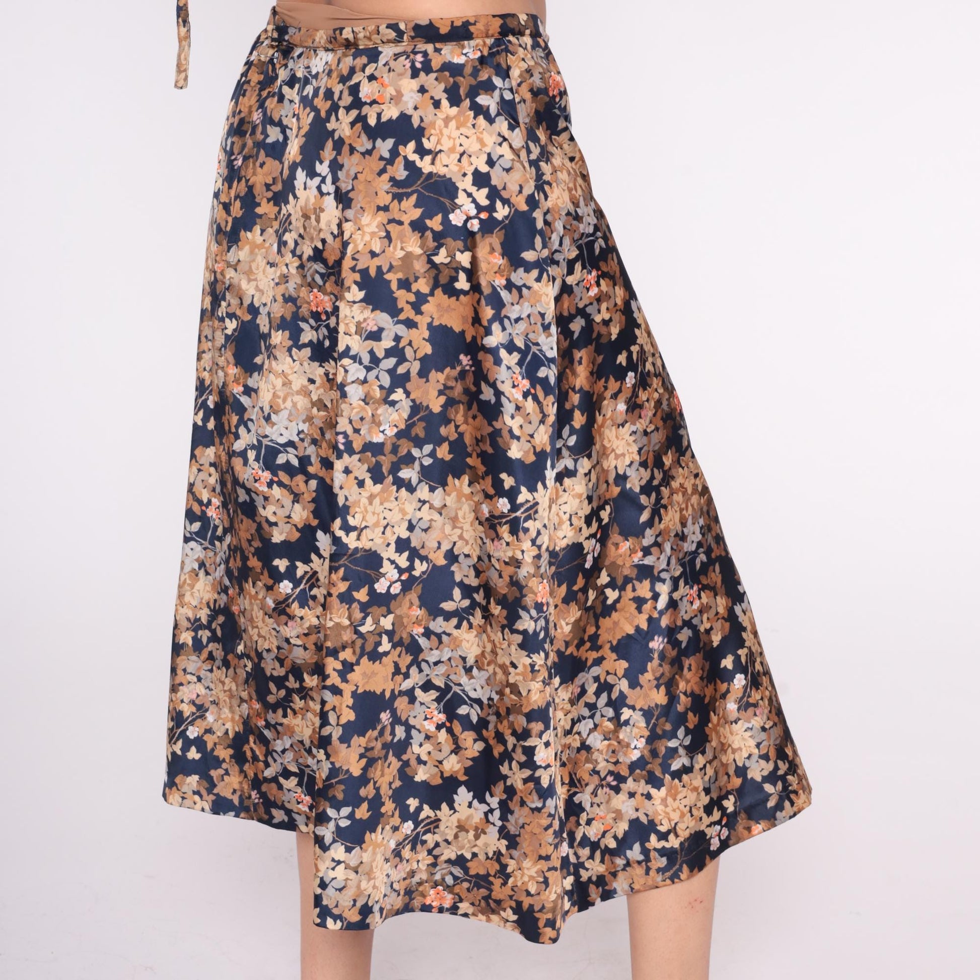 80s Navy Floral Midi Skirt Tie Waist A-Line Peach Tan Brown Large L