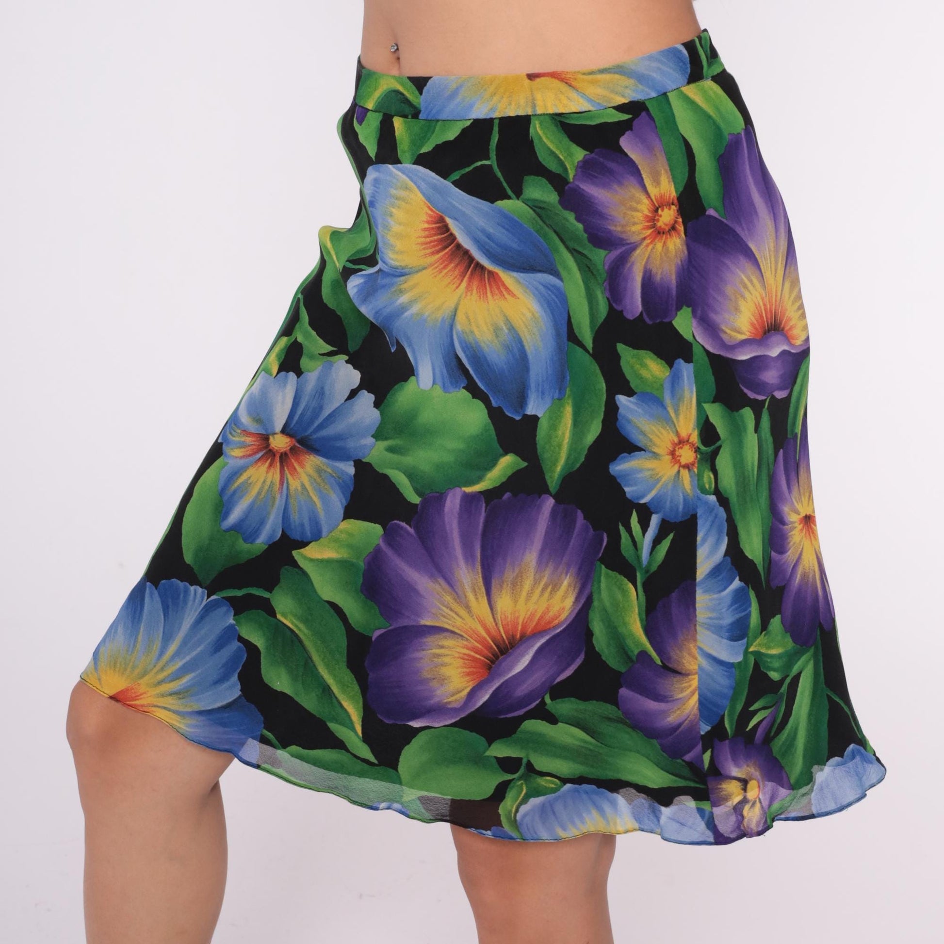 90s Liz Claiborne Silk Floral Skirt Knee-Length Black Purple Blue Medium