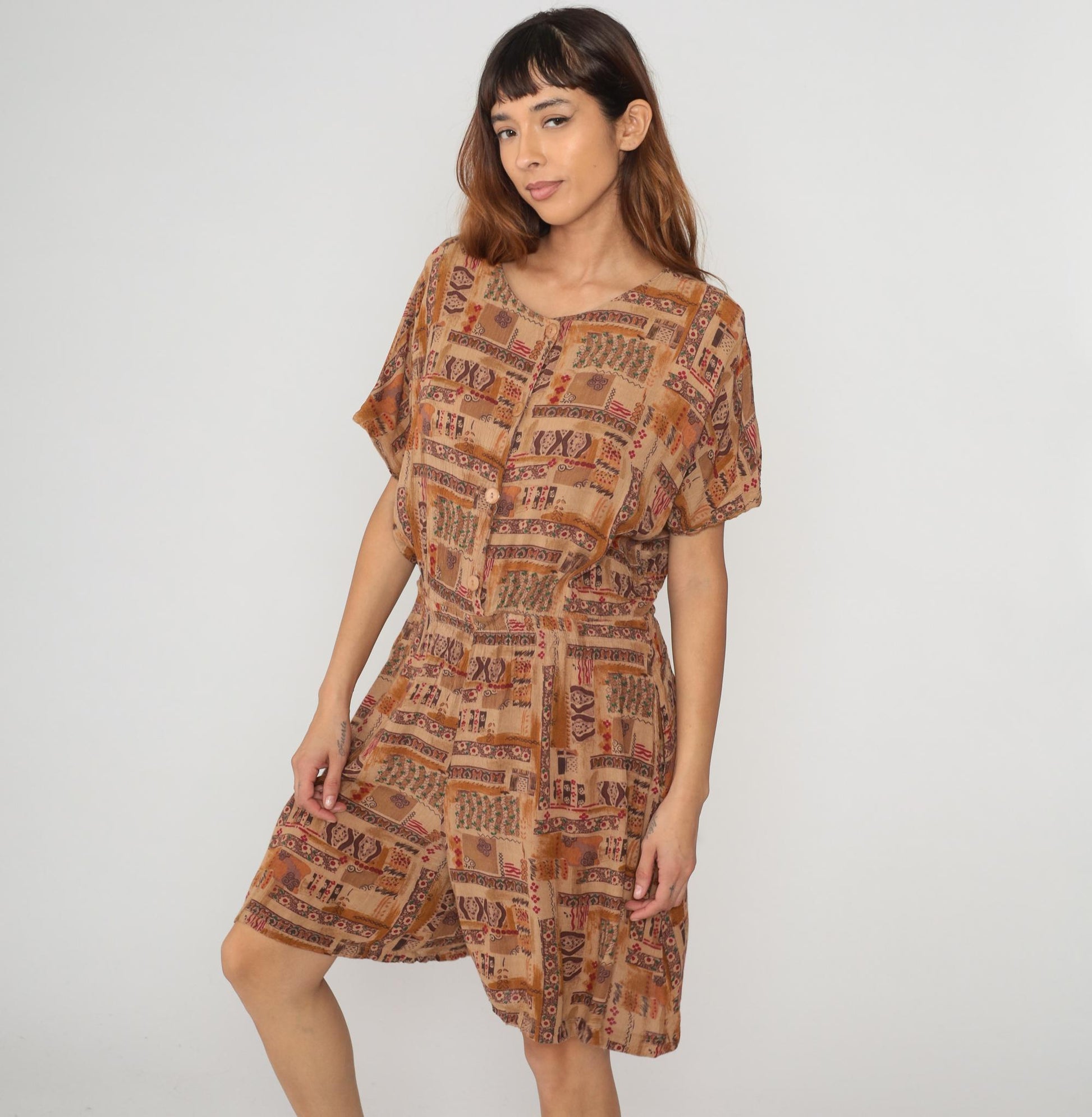 90s Rafael Patchwork Romper Ethnic Print Brown Orange Large L