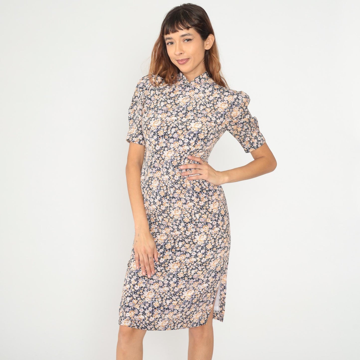 90s Floral Midi Dress Mandarin Collar Puff Sleeve Navy Peach Small