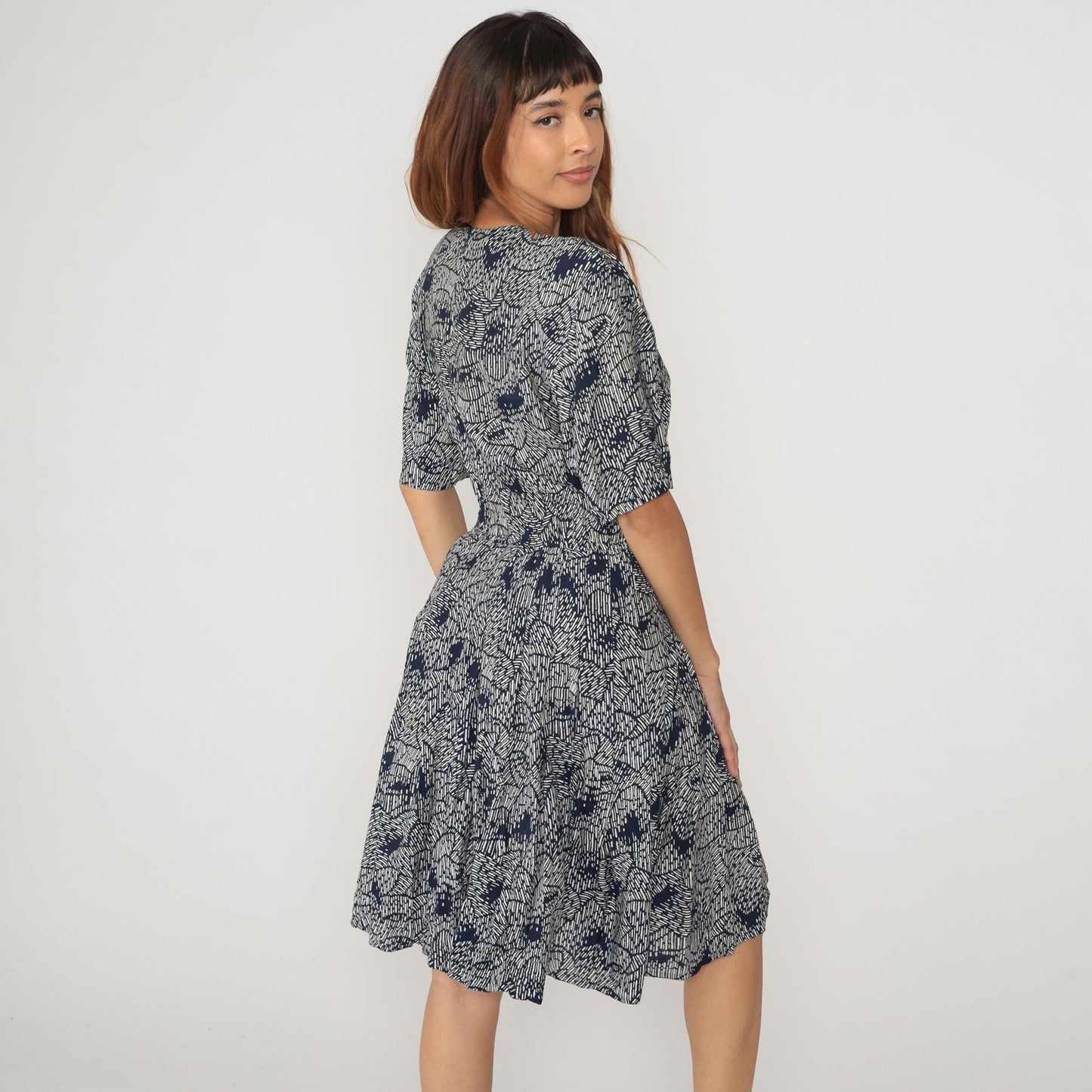 80s Ms Claus Navy White Geometric Abstract Print Midi Dress Medium