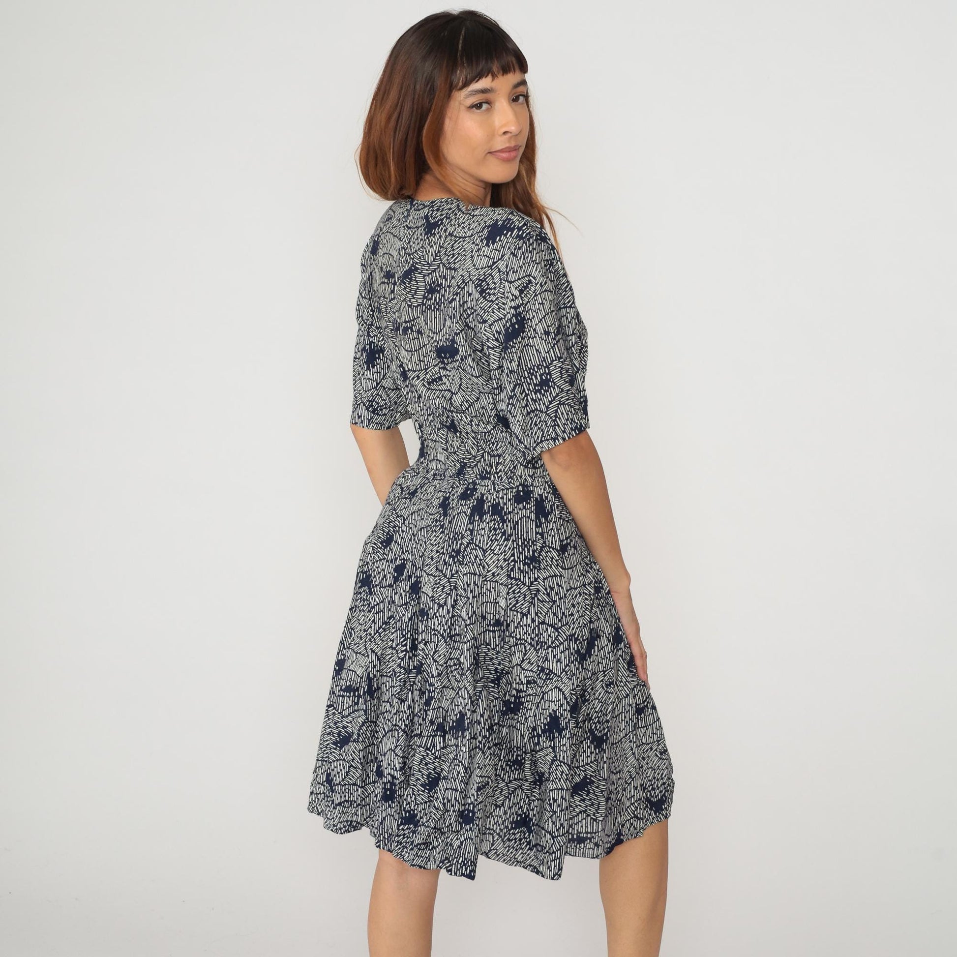 80s Ms Claus Navy White Geometric Abstract Print Midi Dress Medium
