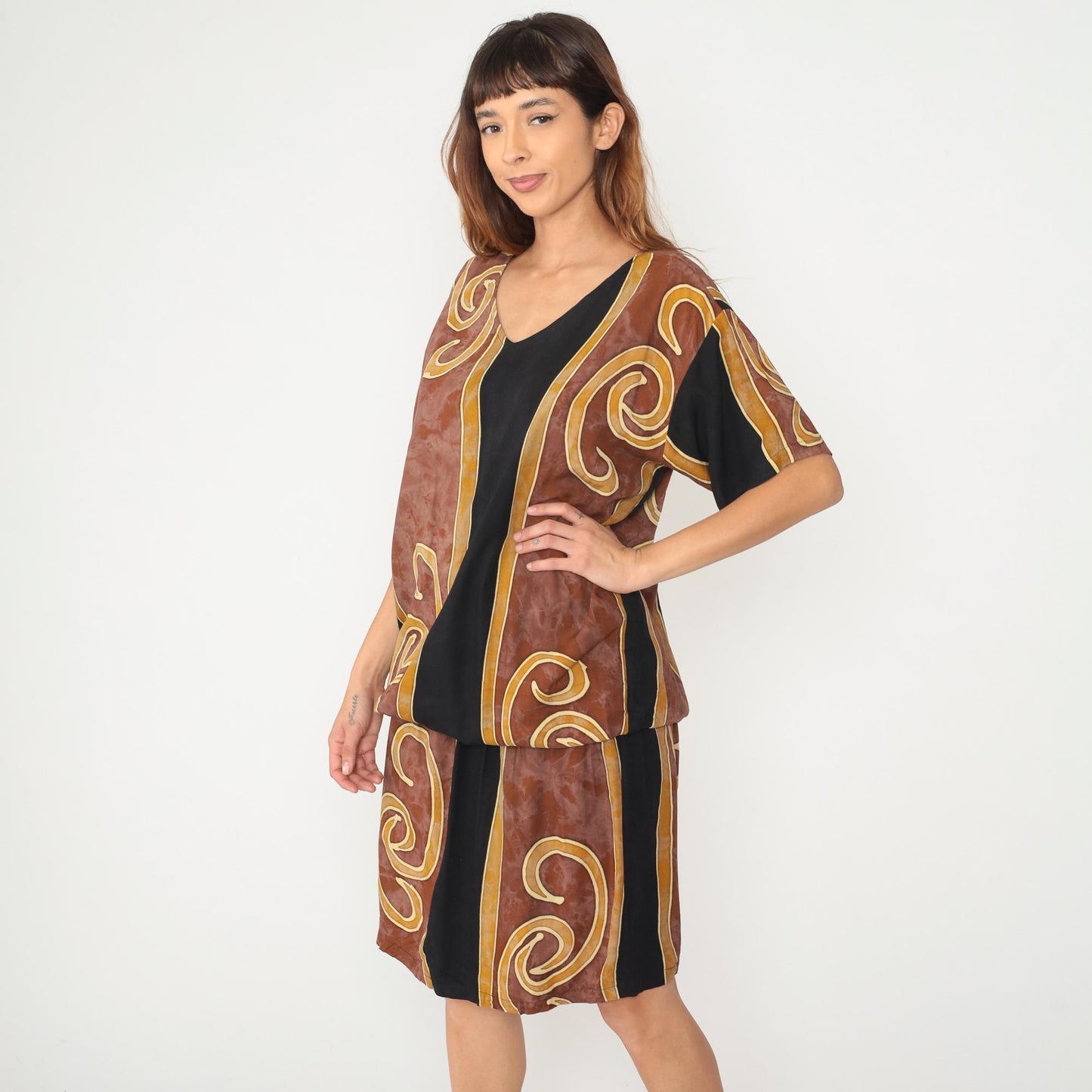 Y2K Tropical Tantrum Maxi Dress Brown Black Spiral V-Neck Flutter Sleeve Medium Large