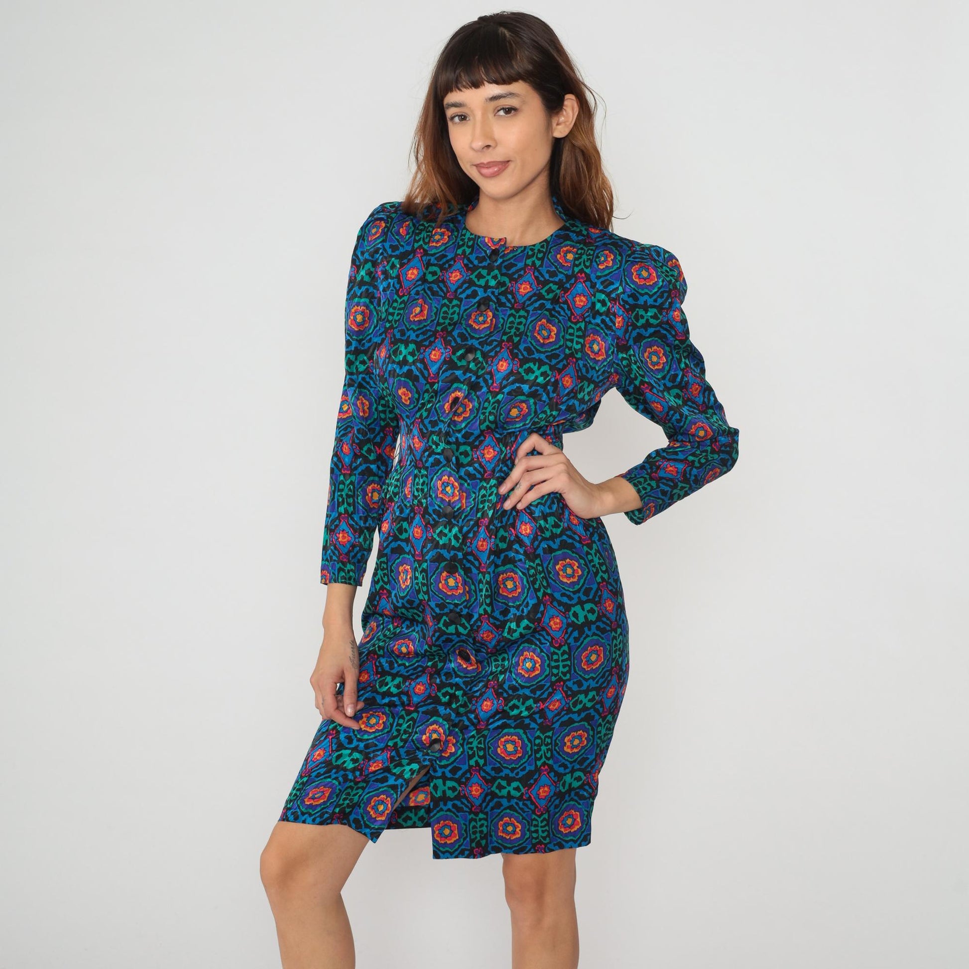 80s Papell Petites Medallion Print Dress Knee Length Geometric Small