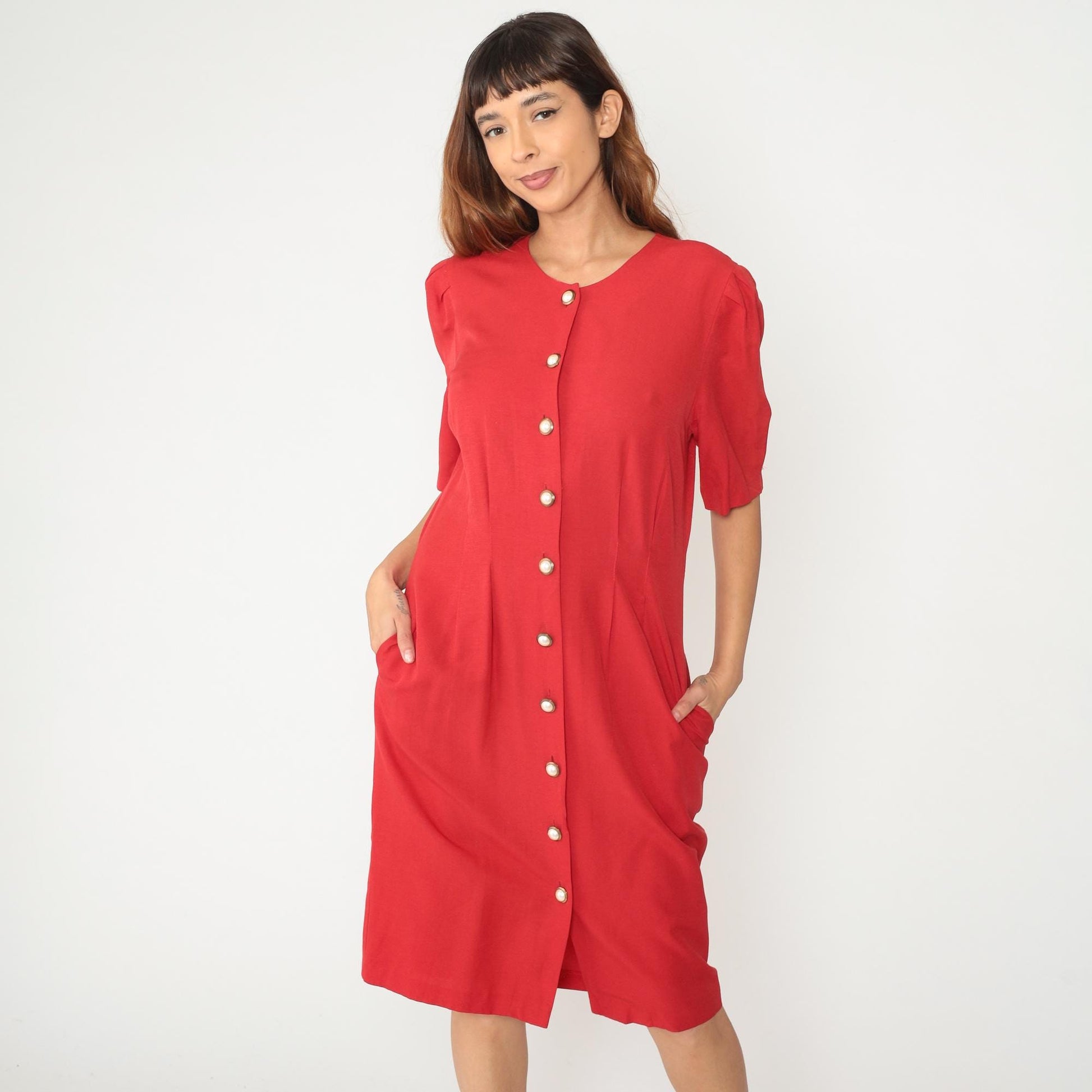90s Caroline Wells Red Secretary Dress Pearl Buttons Short Sleeve Medium