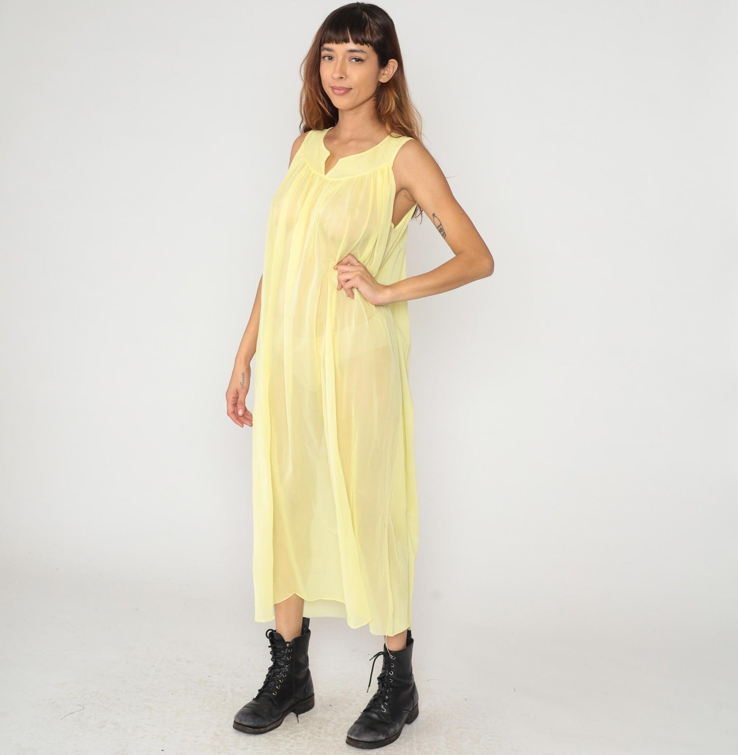 70s Yellow Maxi Nightgown Wide Collar Sleeveless Gathered Bodice Medium