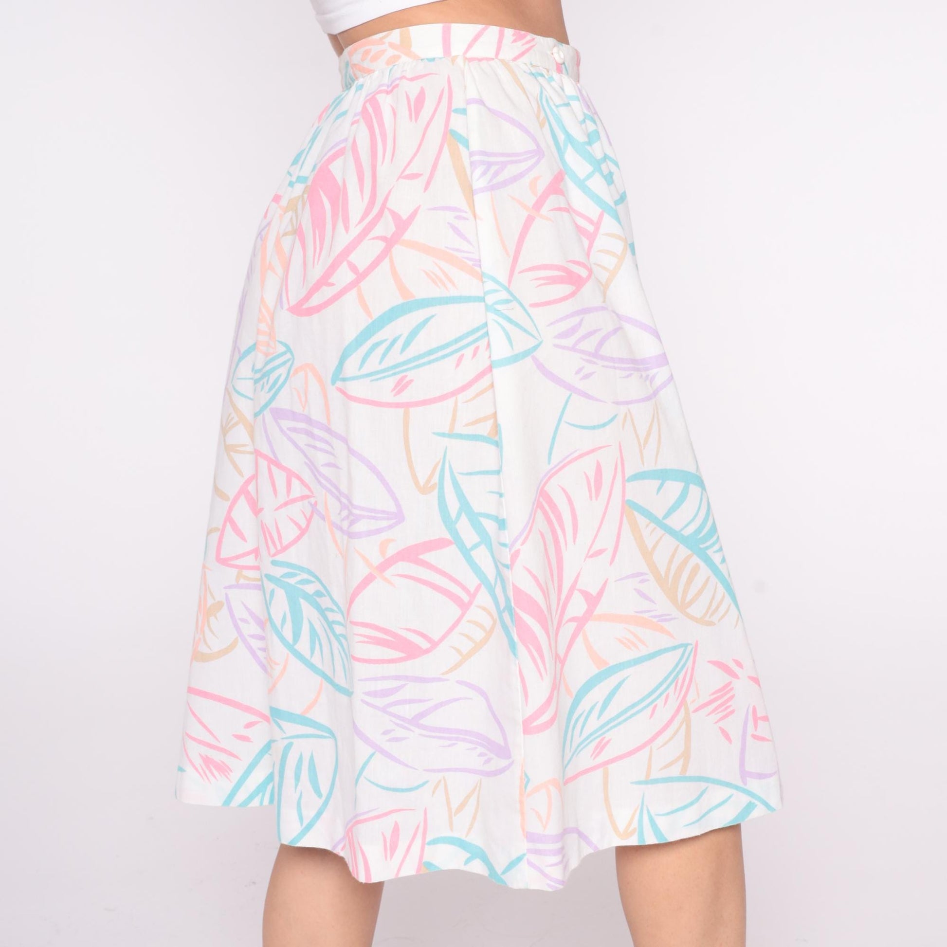 80s Salem Tropical Leaf Print A-Line Skirt White Pastel High Waist Large