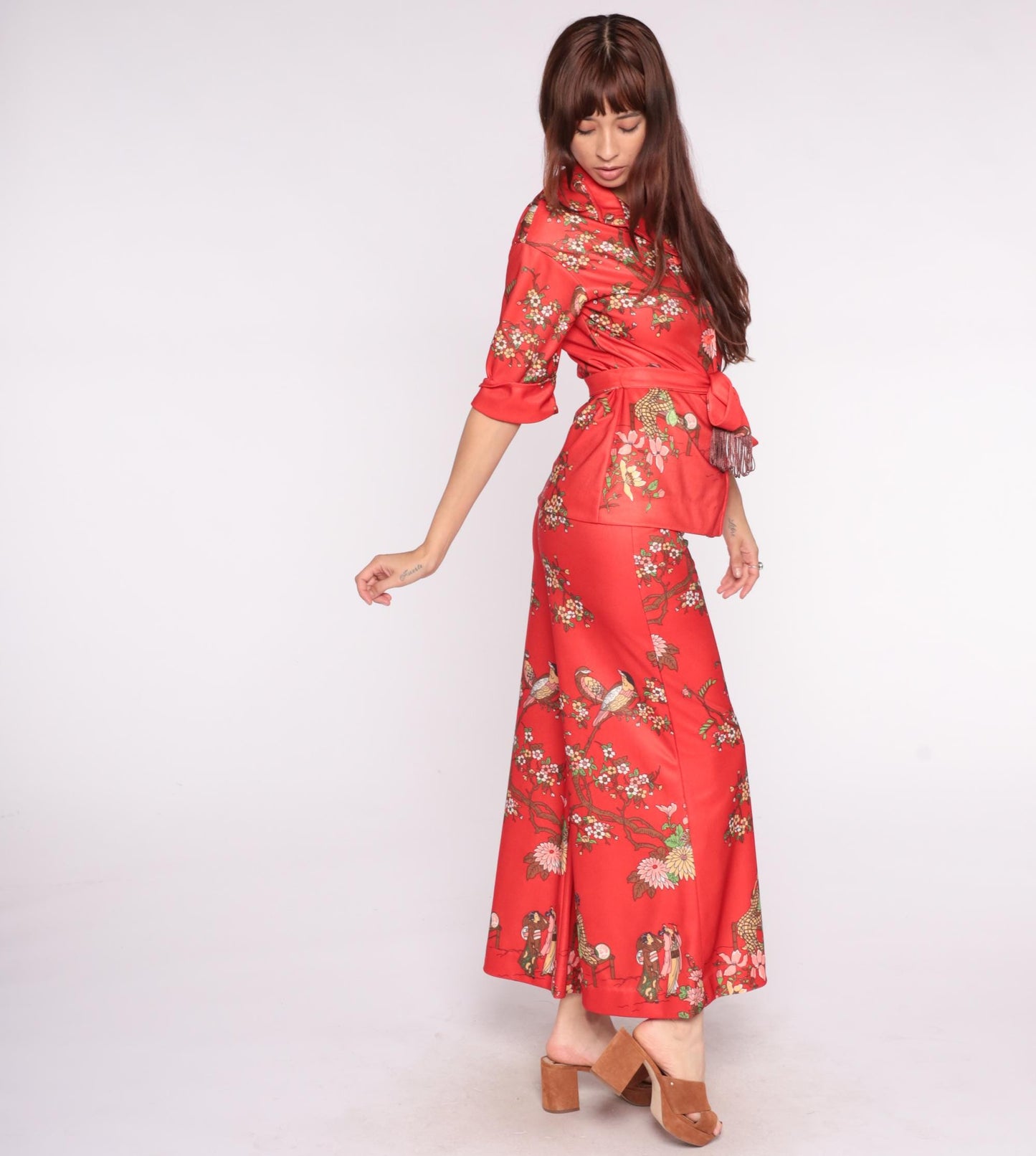 70s Leslie Fay Pheasant Cherry Blossom Two Piece Set Red Small