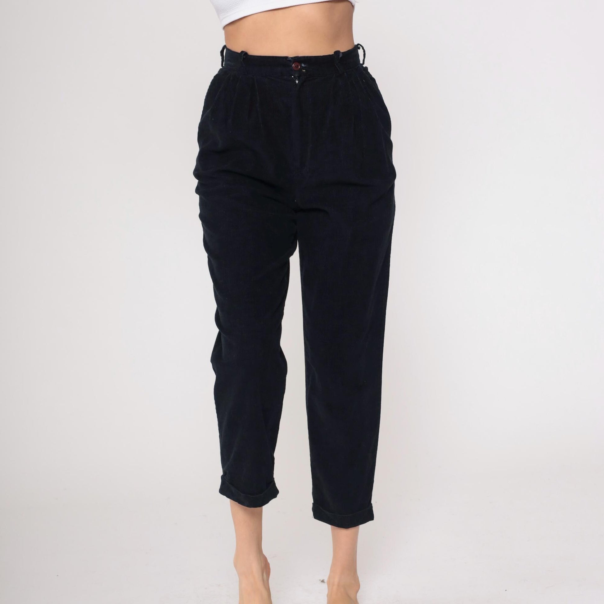 80s Michael Tracy Black Cotton High-Waisted Tapered Pants Small