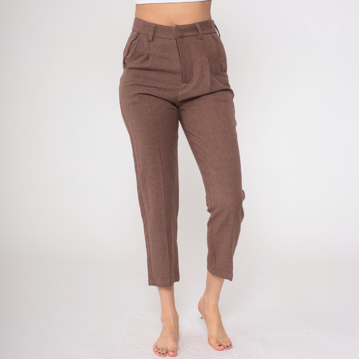 Y2K Brown Pleated Cropped Trousers Straight Leg High Waist Medium M