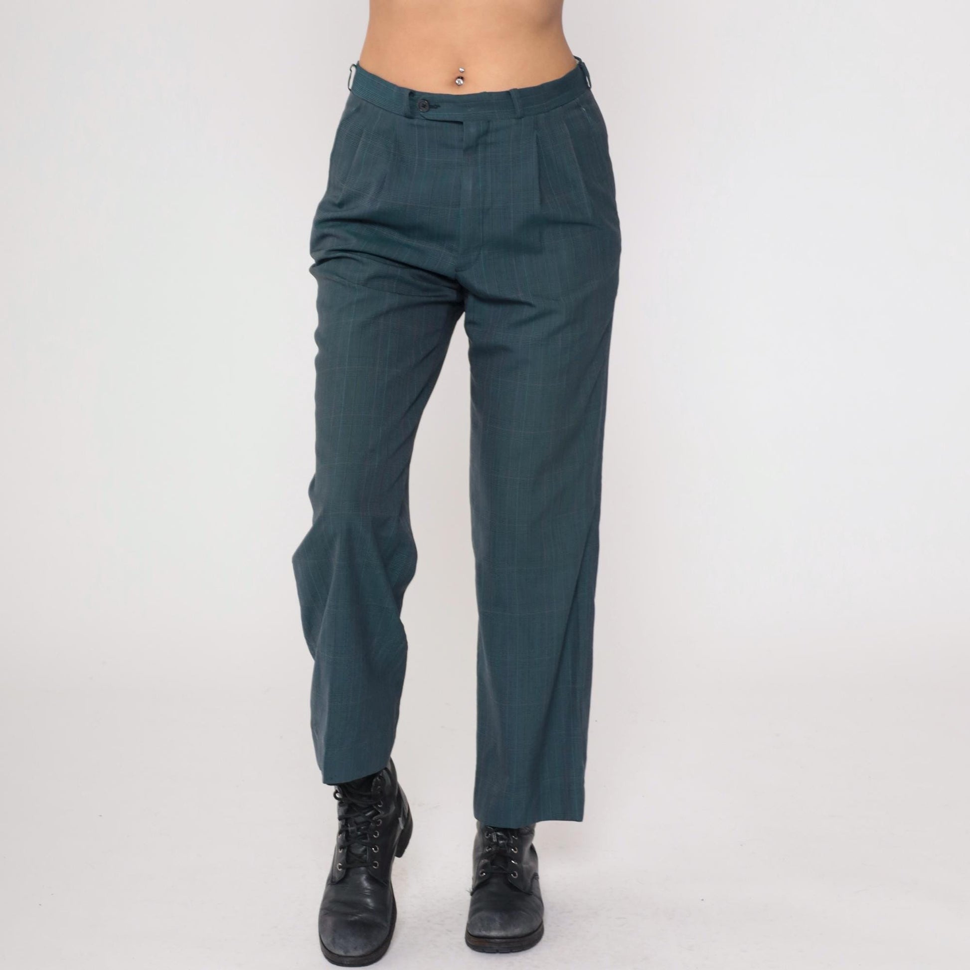 80s Dark Teal Plaid High Waist Straight Leg Trousers Pleated Large