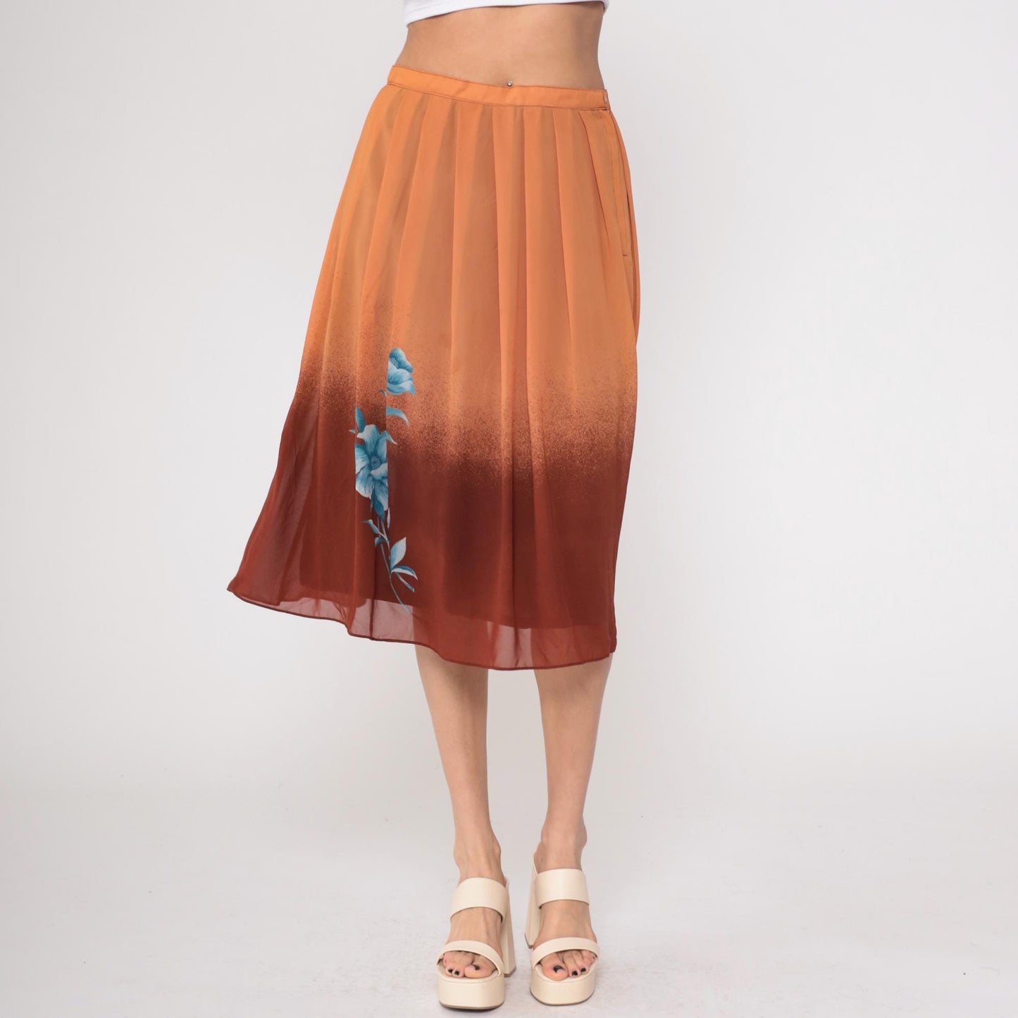 70s Peachy Brown Ombre Pleated Knee Skirt Blue Floral Small