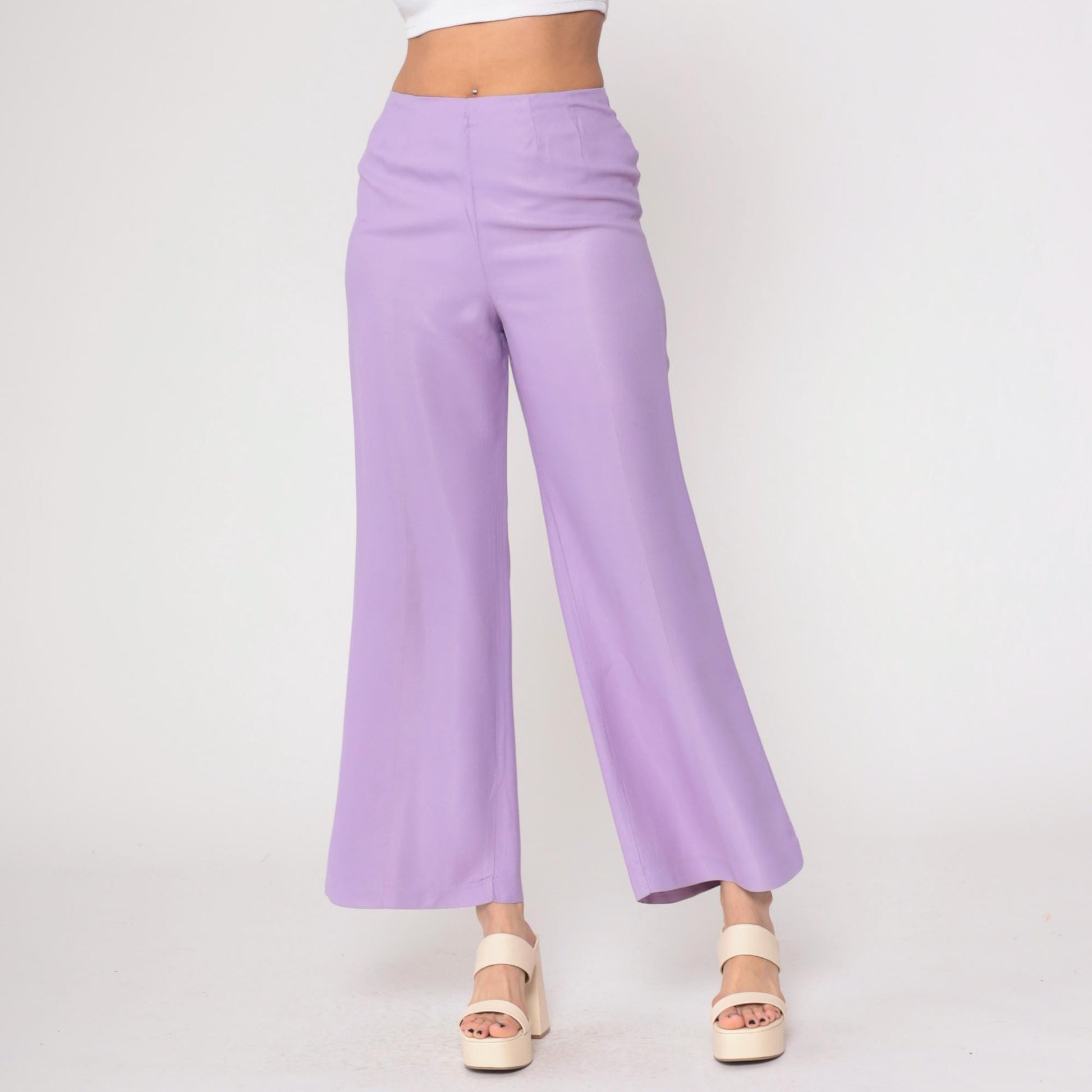 1970s Lavender High-Waisted Wide-Leg Flared Trousers Small