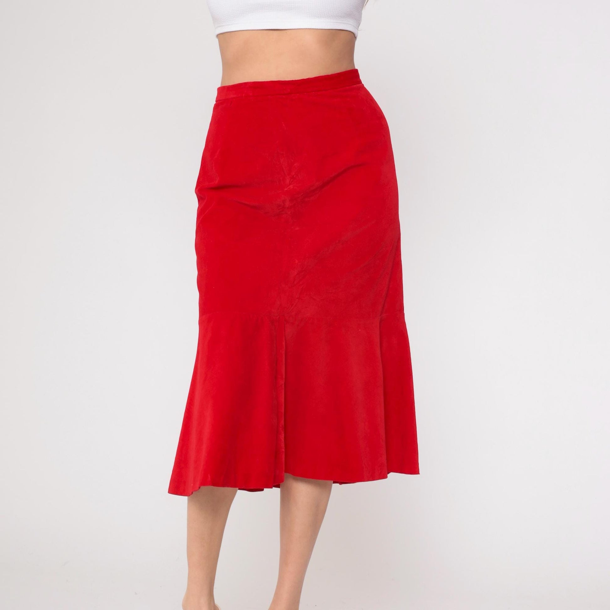 70s Red Velvet Midi Skirt Bucaretti High Waisted Trumpet Flare Small