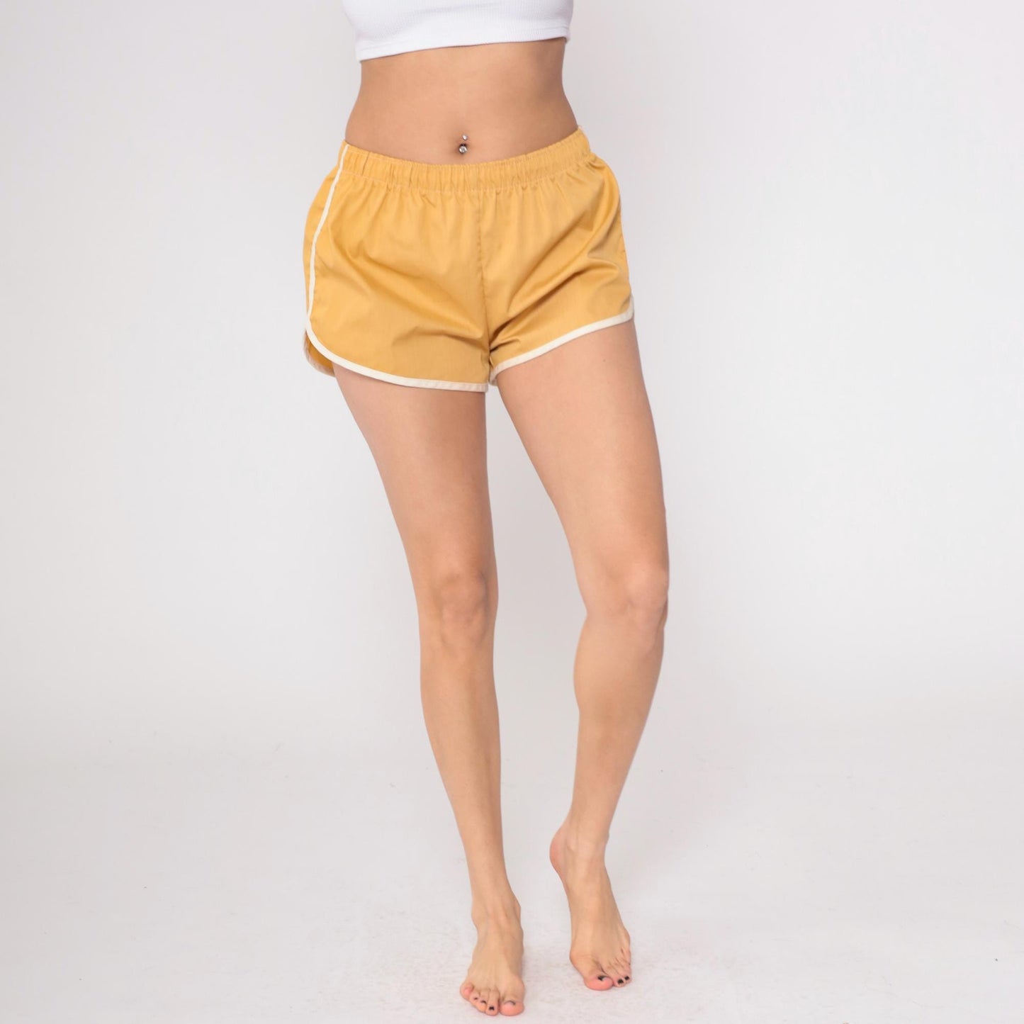 80s Tan Running Shorts White Trim Athletic Dolphin Hem Medium