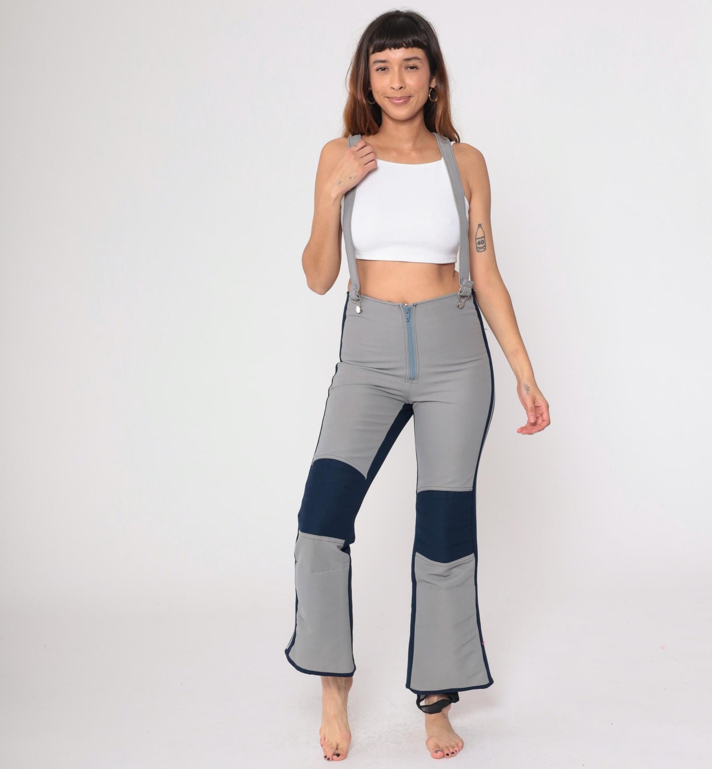 70s Obermeyer Wool Ski Bib Pants Gray Navy Colorblock High Waisted Medium