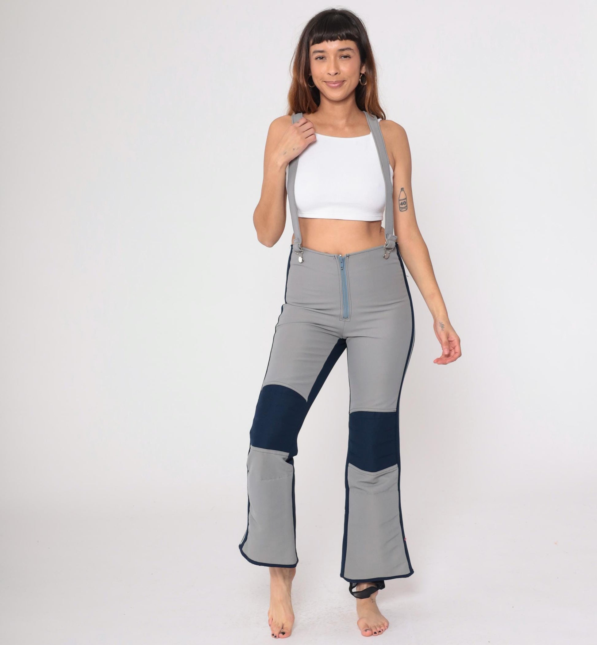 70s Obermeyer Wool Ski Bib Pants Gray Navy Colorblock High Waisted Medium