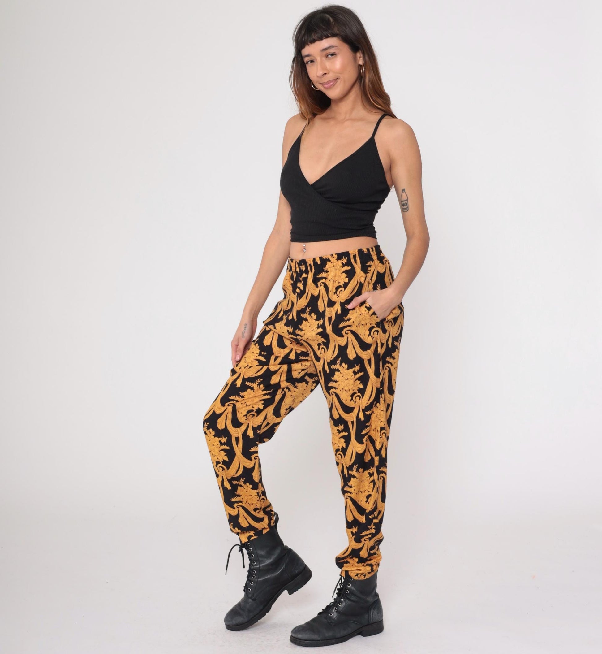 90s Judy Knapp Black Gold Baroque Damask Pants Elastic Waist Medium M