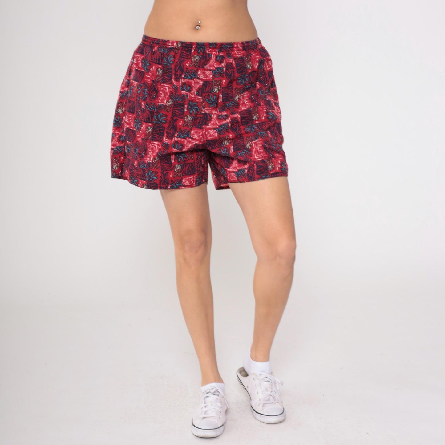 90s Newport Blue Tropical Swim Shorts Red Floral High Rise Medium