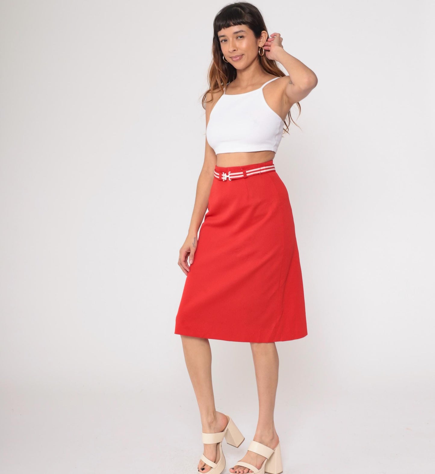 80s Act 3 Red Pencil Skirt White Striped Belt Knee-Length Medium
