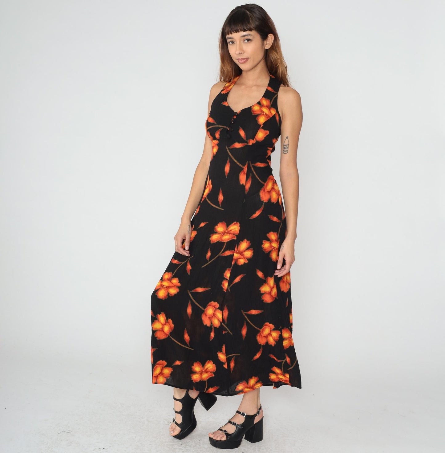 90s Black Floral Maxi Dress Halter Bustier Cross Back Medium