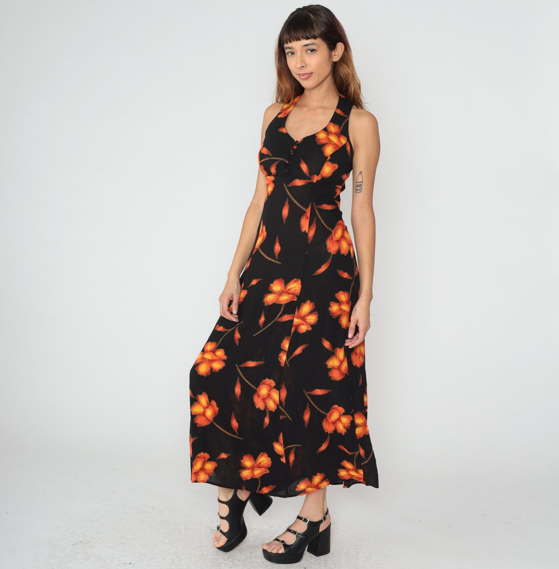 90s Black Floral Maxi Dress Halter Bustier Cross Back Medium