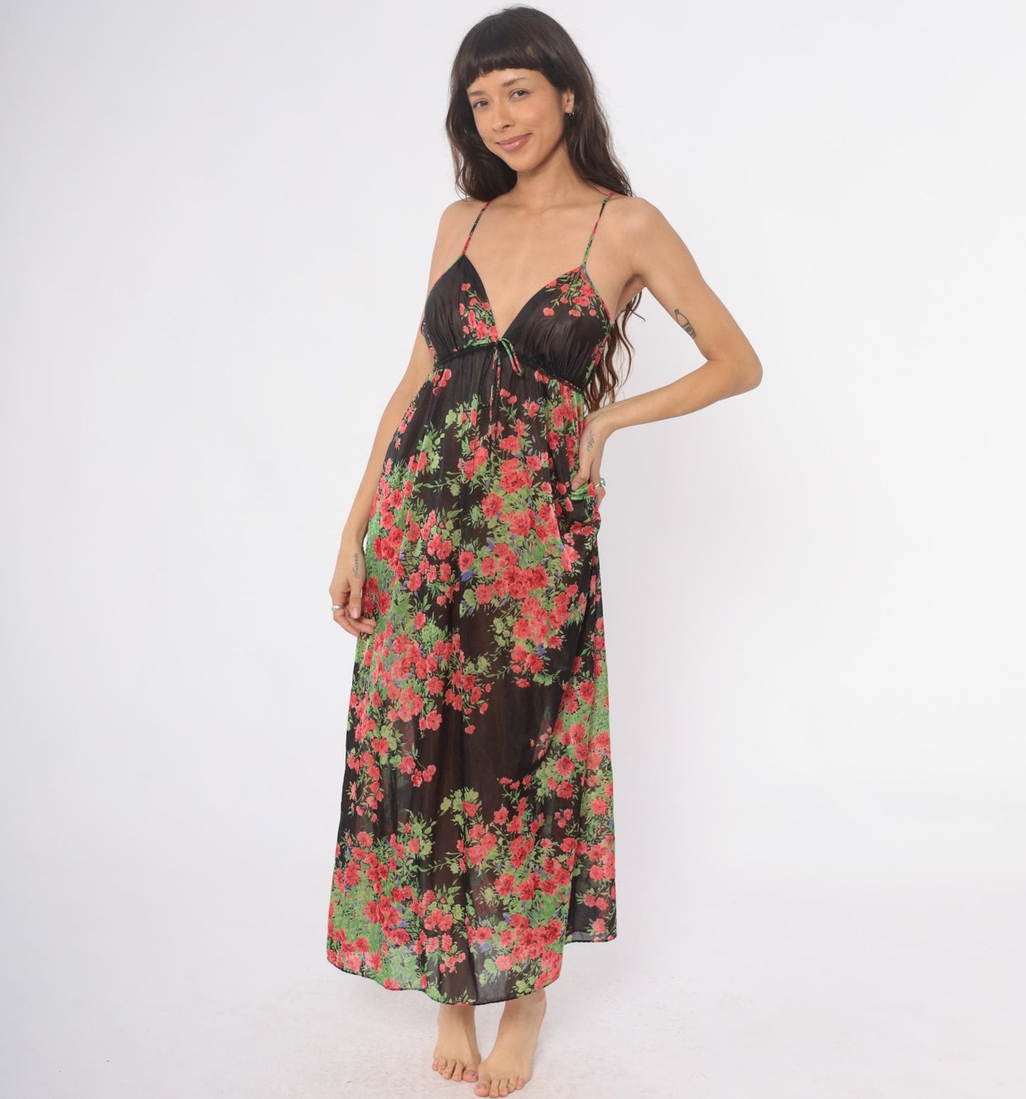 70s Black Floral Maxi Slip Dress Empire Waist V-Neck Spaghetti Strap Small