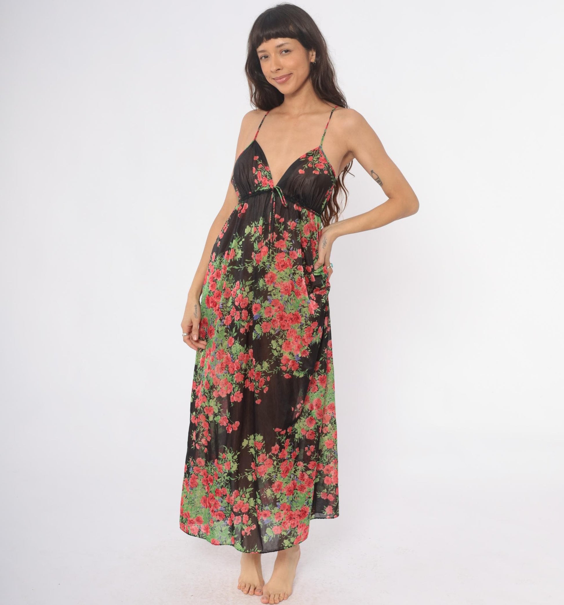 70s Black Floral Maxi Slip Dress Empire Waist V-Neck Spaghetti Strap Small