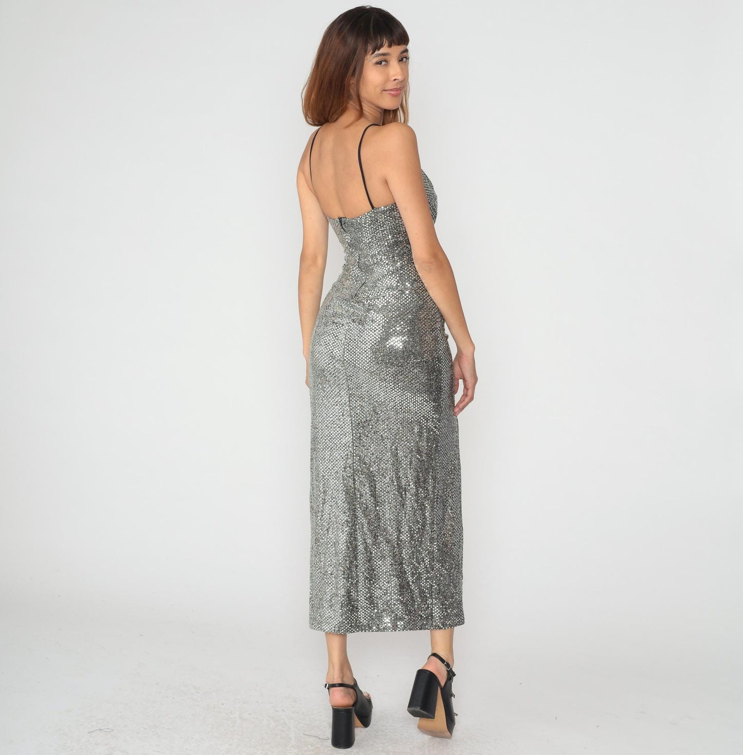 90s Michi Silver Sequin Maxi Dress Spaghetti Strap V Neck Slit Small S