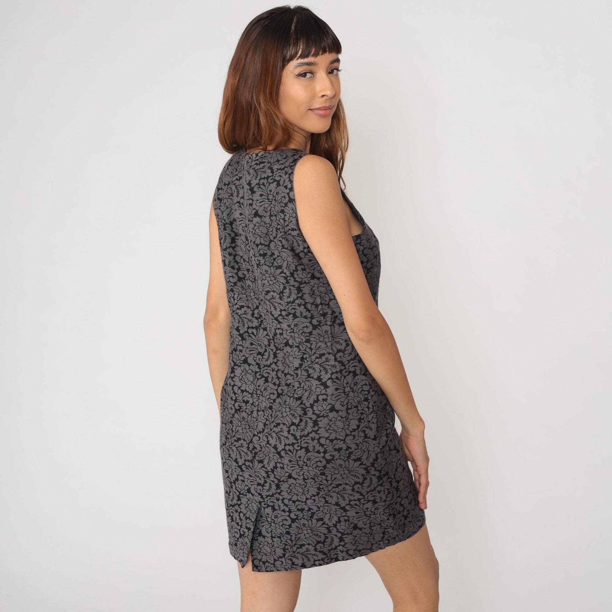 90s Bonnie Taylor Grey Floral Damask Dress V Neck Sleeveless Large L