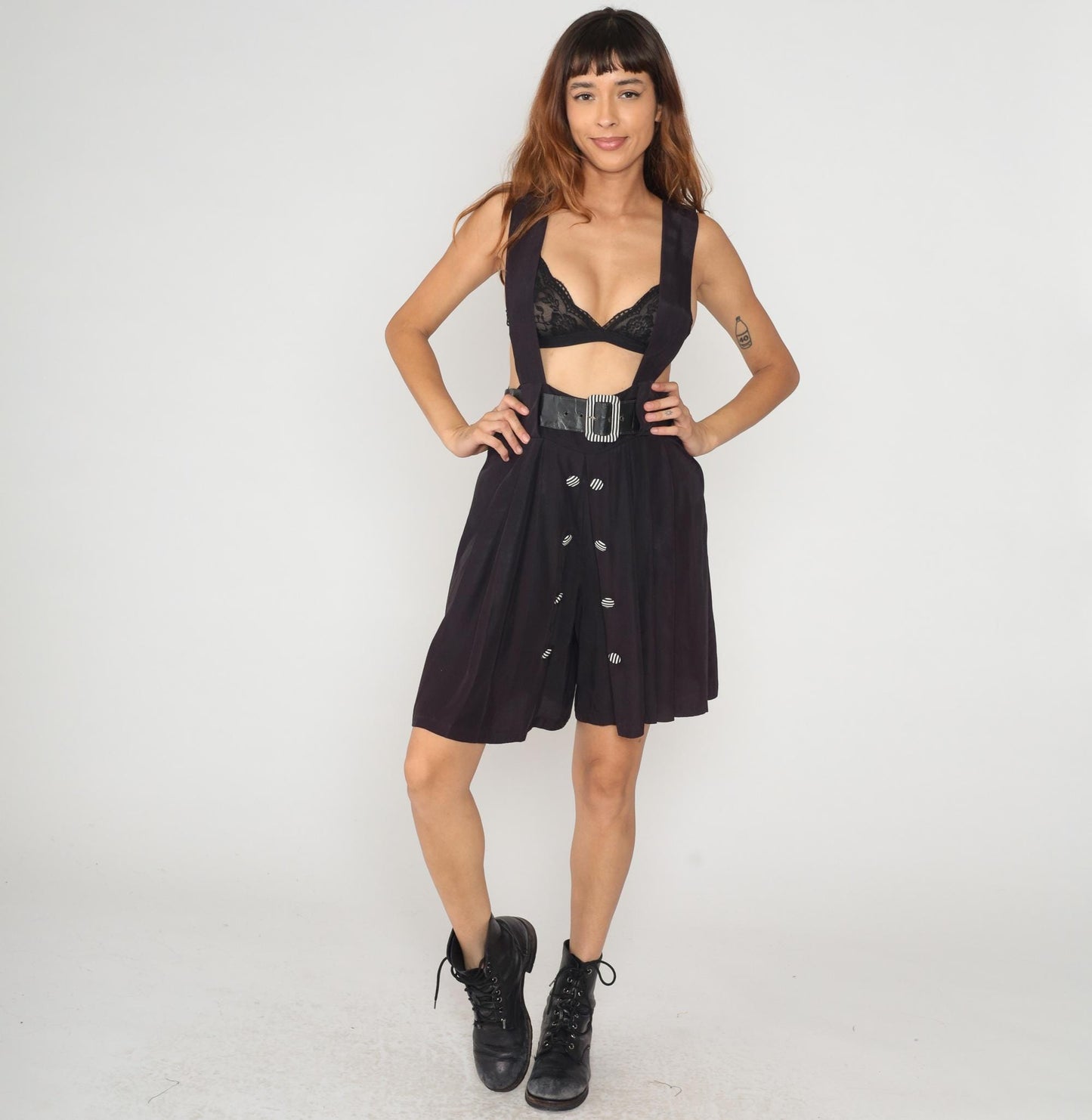 80s Black Romper Knee-Length Geometric Print Belted Shorts Small S