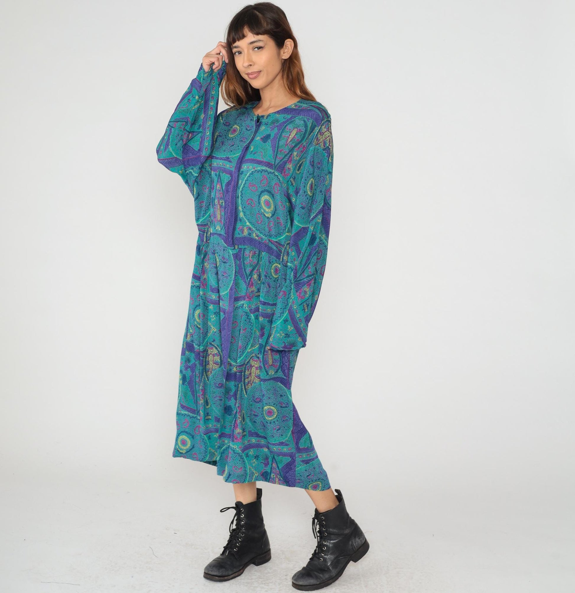 80s Paisley Maxi Dress Turquoise Purple Geometric Print Long Sleeve Extra Large
