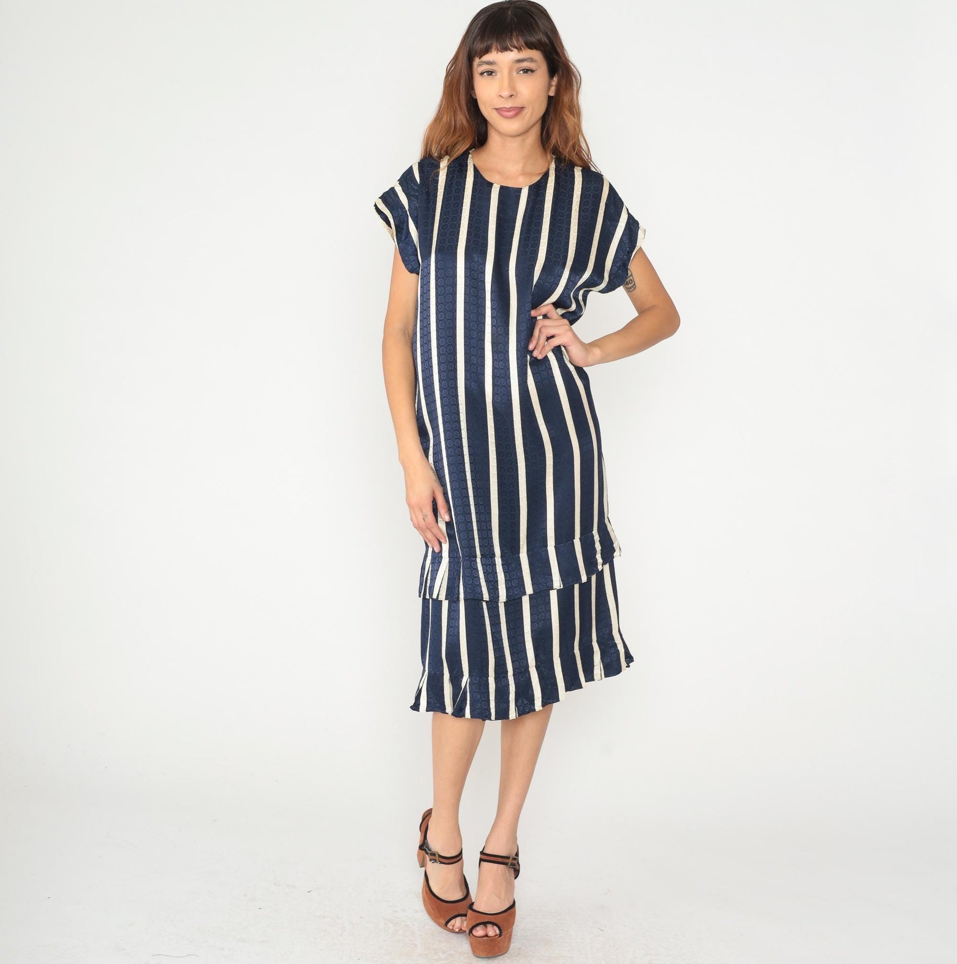 90s Maggy London Silk Striped Shift Dress Navy Cream Geometric Medium