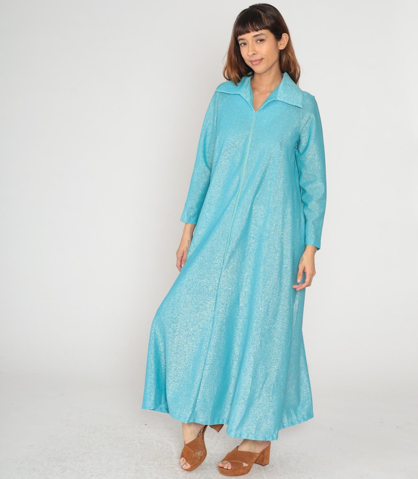 70s Aristique Turquoise Metallic Maxi Robe Zip Front Collared Loungewear Large L