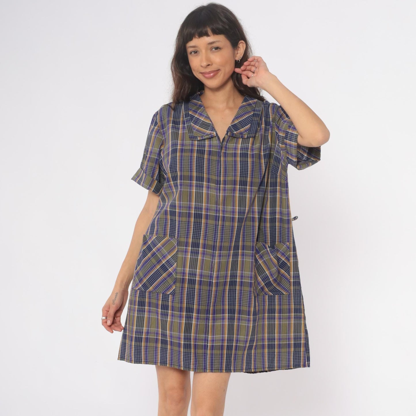 80s Zip N Dash Plaid Shift Dress Collared Pockets Navy Olive Extra Large